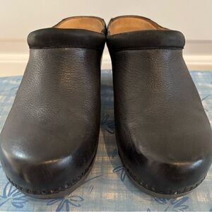 Black Leather Wedge Mules with Classic Clog Design